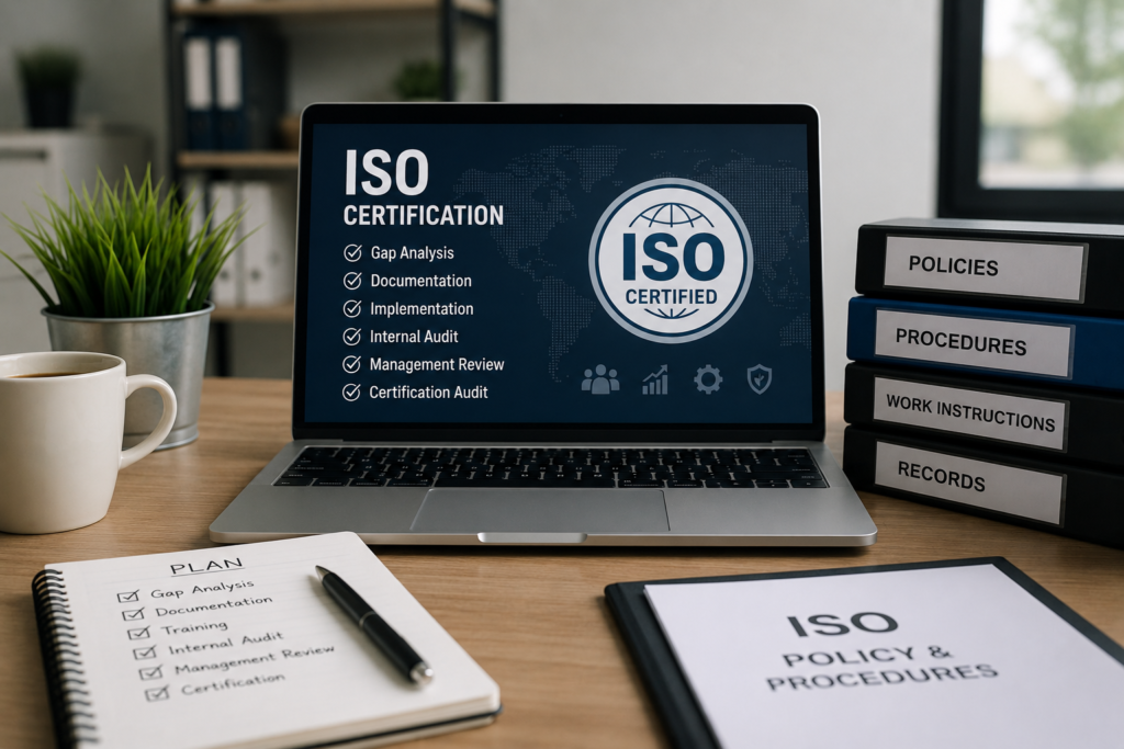 Professional office workspace illustrating the ISO certification process with documentation, gap analysis, internal audits, and management system implementation.