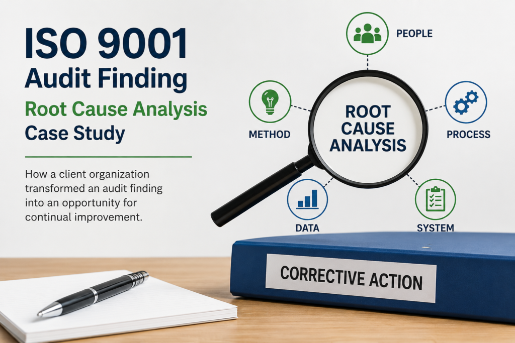 Quality professionals reviewing an ISO 9001 audit finding and performing root cause analysis to strengthen corrective actions.