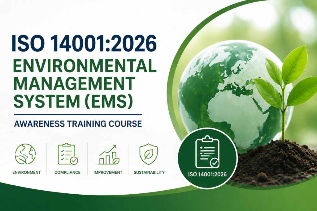 ISO 14001:2026 Environmental Management System (EMS) Awareness Training Course featuring a sustainable globe, green plant, and environmental compliance concept.