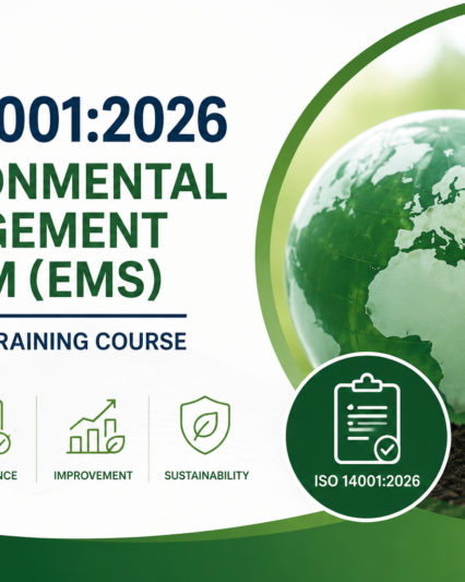 ISO 14001:2026 Environmental Management System (EMS) Awareness Training Course featuring a sustainable globe, green plant, and environmental compliance concept.