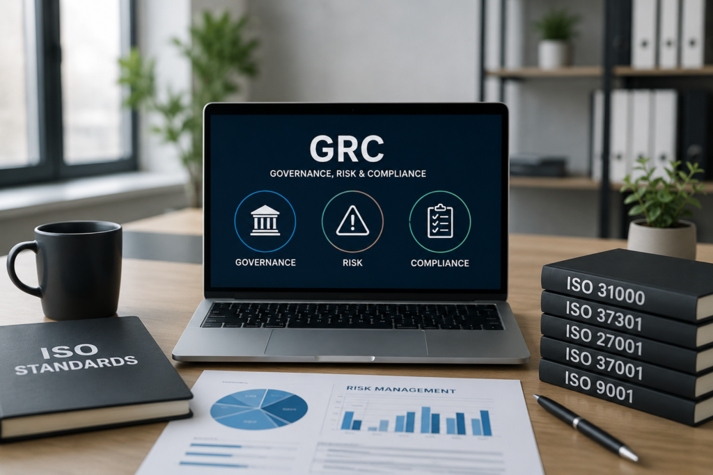 Professional office workspace illustrating ISO Standards for Governance, Risk and Compliance (GRC), including ISO 31000, ISO 37301, ISO 37001, ISO 27001 and ISO 9001.