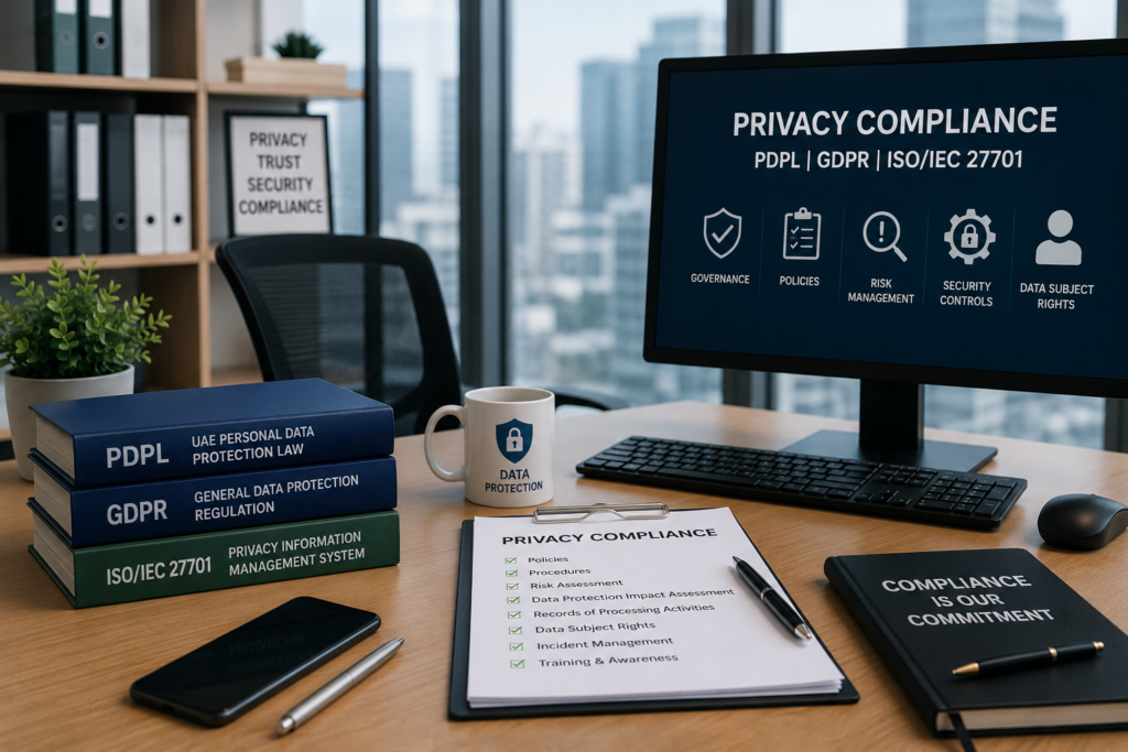 Modern office workspace illustrating PDPL, GDPR and ISO/IEC 27701 privacy compliance with policies, risk management, data protection and governance controls.