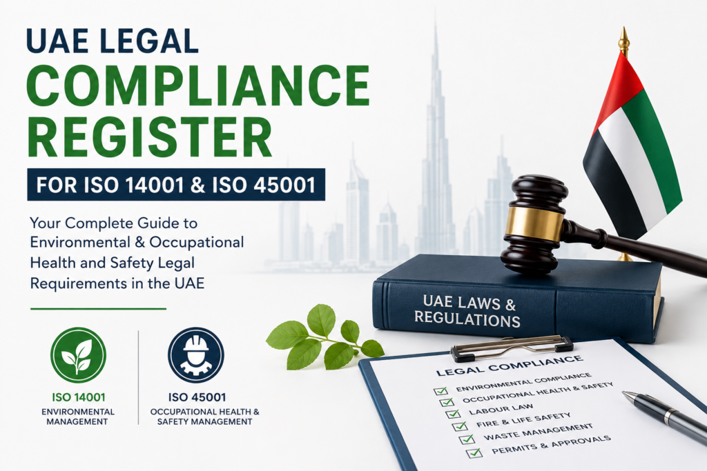 UAE Legal Compliance Register for ISO 14001 and ISO 45001 covering environmental and occupational health and safety legal requirements.