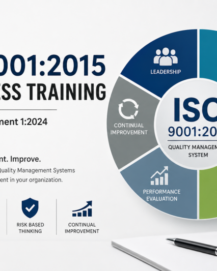 ISO 9001:2015 Awareness Training featuring Amendment 1:2024 with Quality Management System concepts including Leadership, Customer Focus, Process Approach, Risk-Based Thinking, Performance Evaluation, and Continual Improvement.
